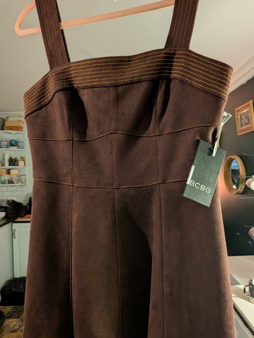 NWT* BCBG Patchwork Chocolate W Tan Stitch Faux Suede A-Line Dress Size 8